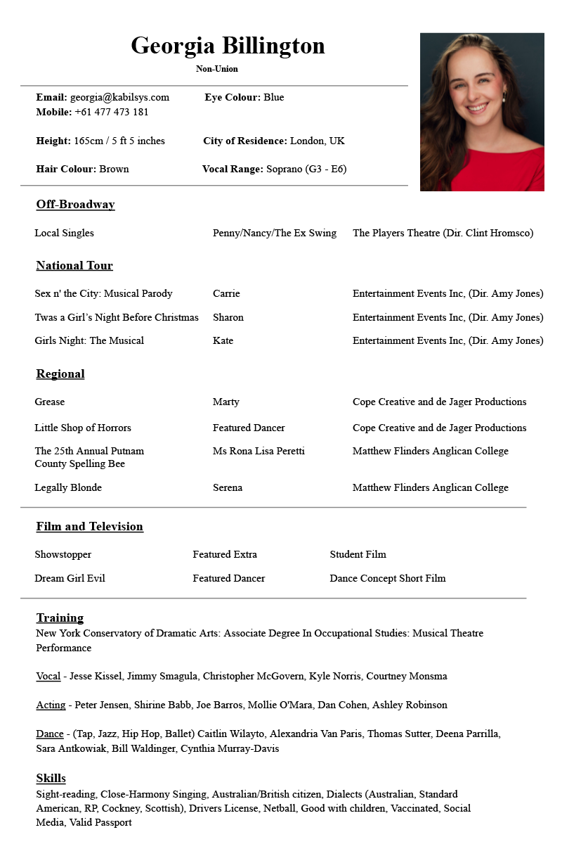 Georgia Billington - Actor, Singer, Dancer